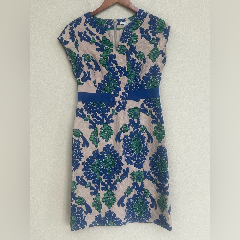 Boden Blue Tan Tapestry Notch Neck Shift Dress US 6 Woven Cotton Damask Print - Picture 2 of 8
